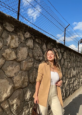 Kürk Detaylı Camel Deri Kadın Blazer - Görsel 2