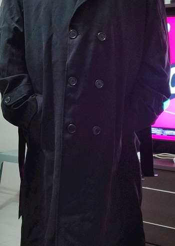 Erkek Siyah uzun Kemerli Trençkot - Görsel 2