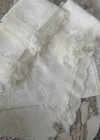 İşlemeli açık Krem runneır ve peçetelik - Görsel 6