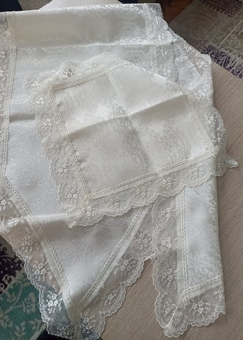 İşlemeli açık Krem runneır ve peçetelik - Görsel 5