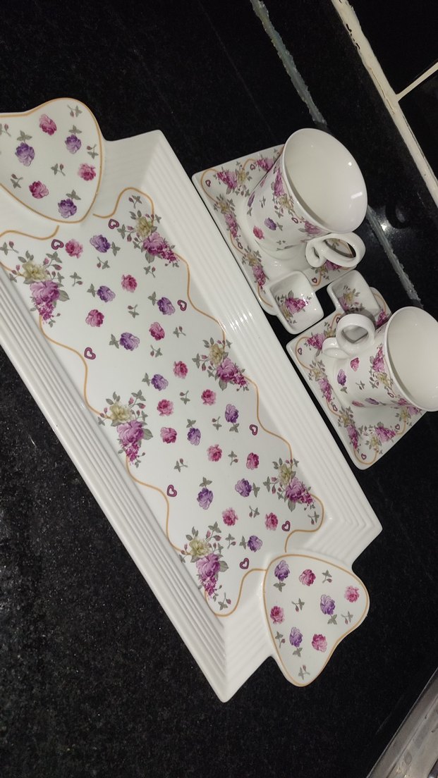 Çiçek Desenli Beyaz Porselen Kahve Fincan Seti - Görsel 5