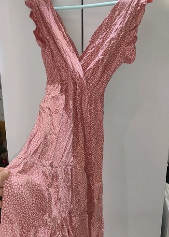 Kadın elbise.Pembe V Yaka Fırfırlı Bohem Uzun Elbise - Görsel 2