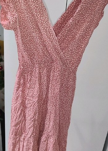 Kadın elbise.Pembe V Yaka Fırfırlı Bohem Uzun Elbise - Görsel 3
