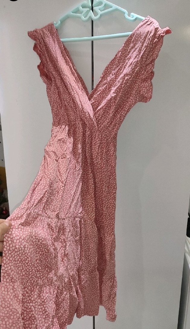 Kadın elbise.Pembe V Yaka Fırfırlı Bohem Uzun Elbise - Görsel 2