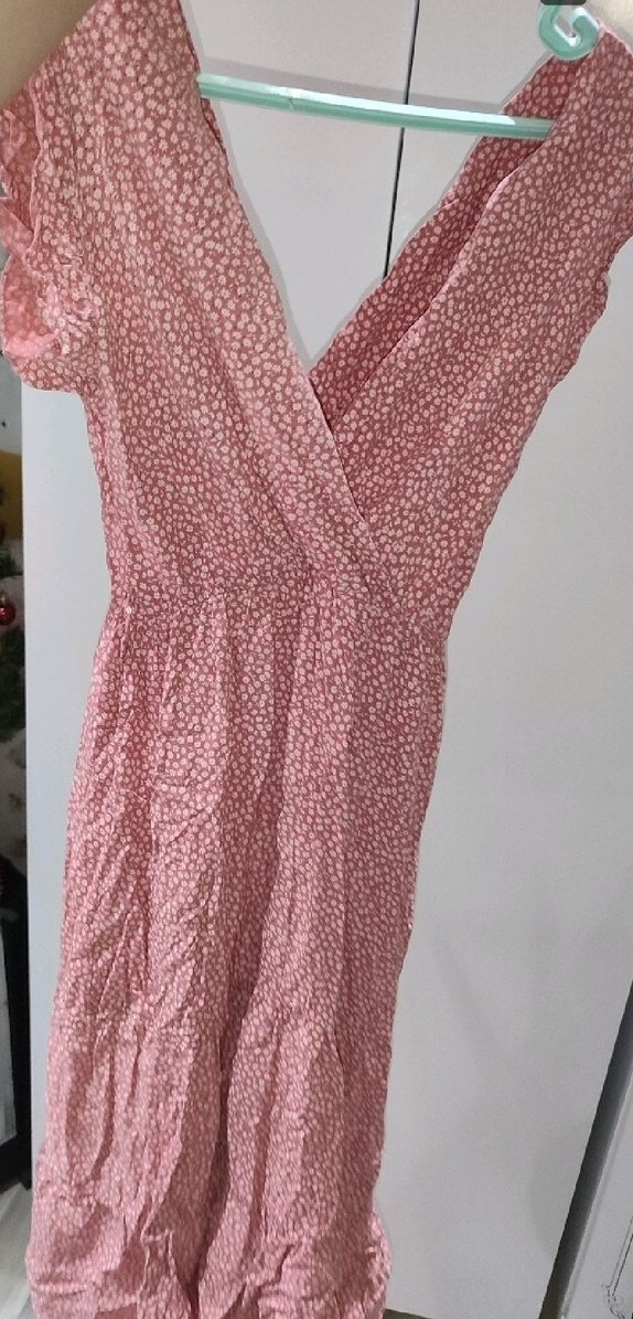 Kadın elbise.Pembe V Yaka Fırfırlı Bohem Uzun Elbise - Görsel 3