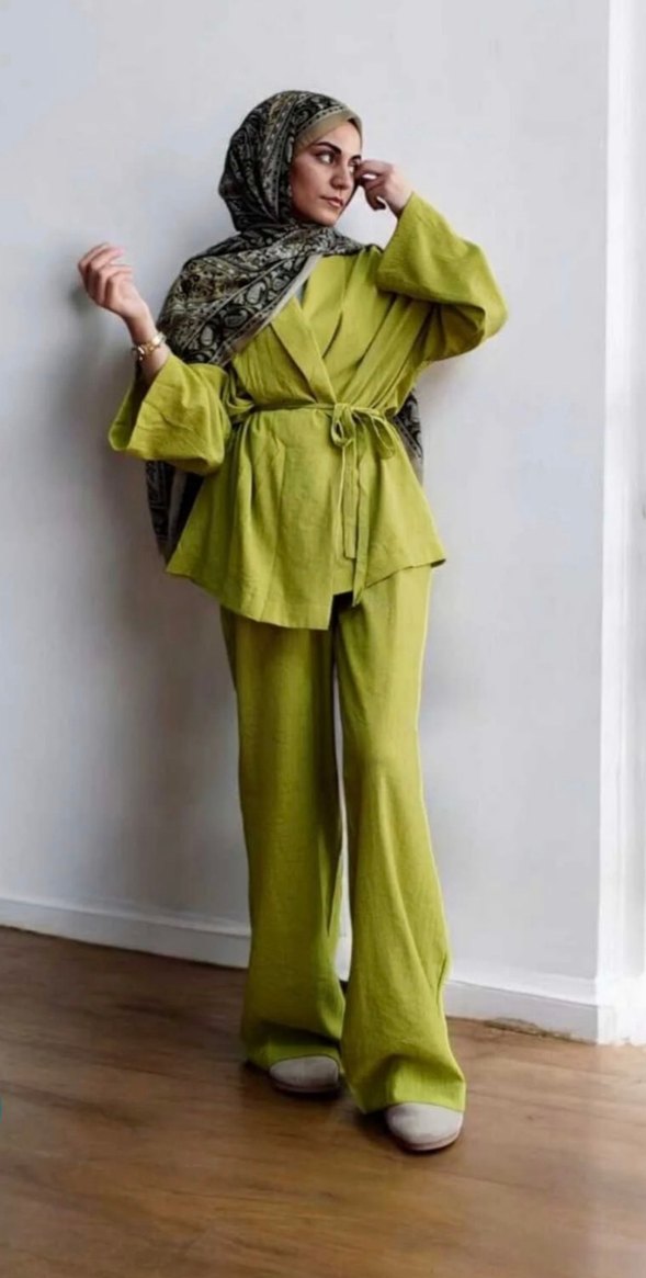 yağ yeşili ikili takım keten standart beden her bedene uygun - Görsel 2
