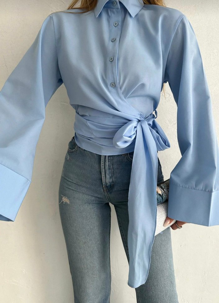 bebe mavisi yandan bağlamalı gömlek - Görsel 4