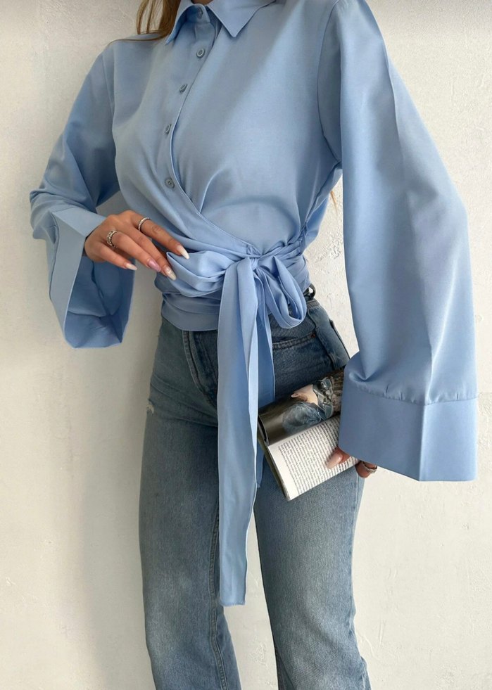 bebe mavisi yandan bağlamalı gömlek - Görsel 5