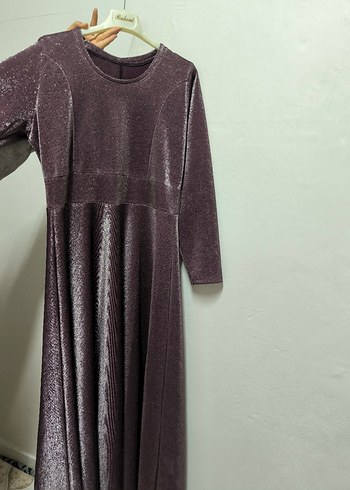 Uzun Kollu Mor Parlak abiye - Görsel 2