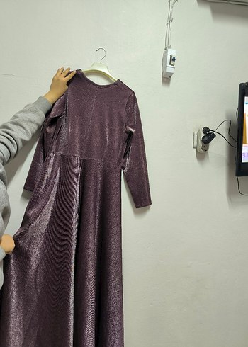 Uzun Kollu Mor Parlak abiye - Görsel 3