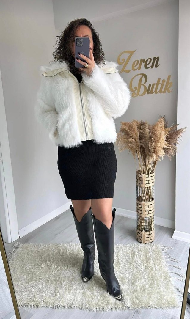 Beyaz Kürk Detaylı Kısa Kadın Ceket - Görsel 2