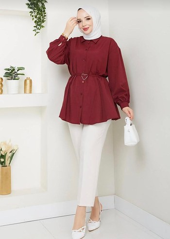 Bordo kemerli gömlek her bedene uygun - Görsel 2