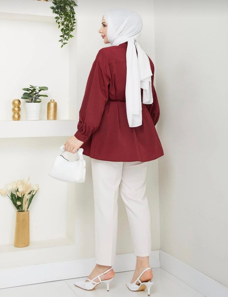 Bordo kemerli gömlek her bedene uygun - Görsel 3