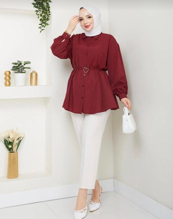 Bordo kemerli gömlek her bedene uygun - Görsel 2