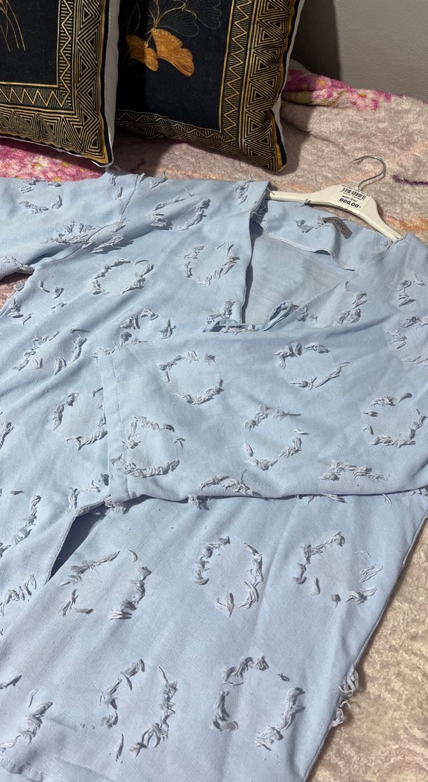 Mavi Bohem Uzun Kollu Keten Gömlek - Görsel 2