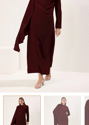 Bordo Uzun Kollu V Yaka Drapeli Elbise - Görsel 3