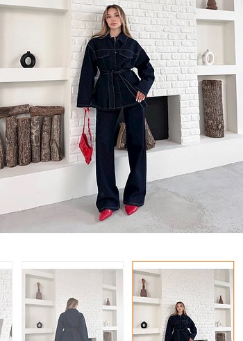 Kuşaklı Lacivert Kadın Denim Ceket - Görsel 4