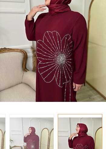 Bordo Uzun Kollu Payetli Nakışlı Elbise - Görsel 4