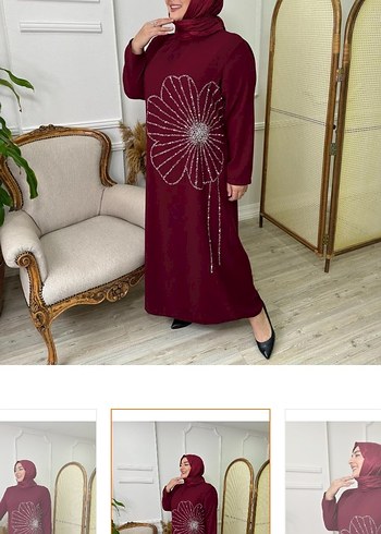 Bordo Uzun Kollu Payetli Nakışlı Elbise - Görsel 3