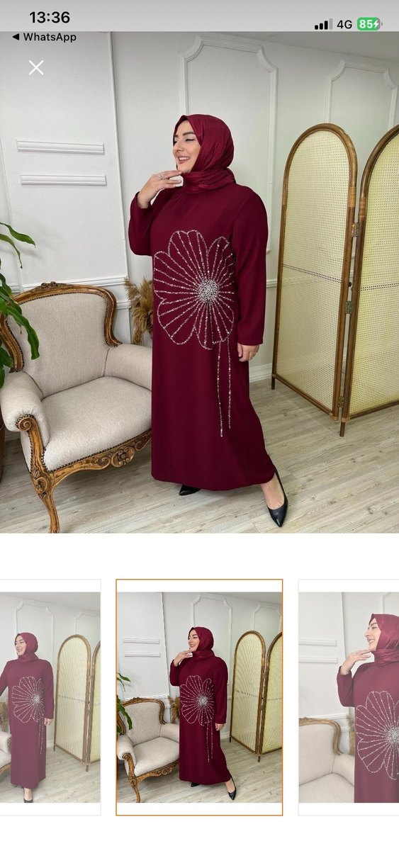 Bordo Uzun Kollu Payetli Nakışlı Elbise - Görsel 3