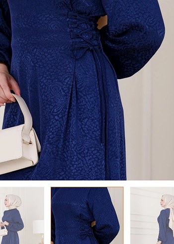 Mavi Parlak Uzun Drapeli Kadın Elbise - Görsel 3