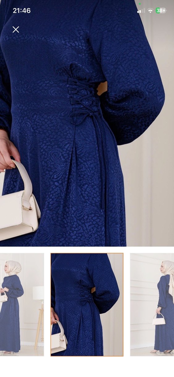 Mavi Parlak Uzun Drapeli Kadın Elbise - Görsel 3