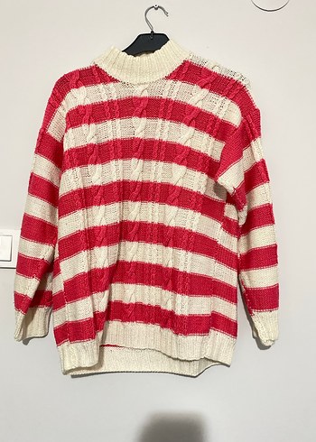 Pembe Beyaz Çizgili Örgü Kadın Kazak - Görsel 2