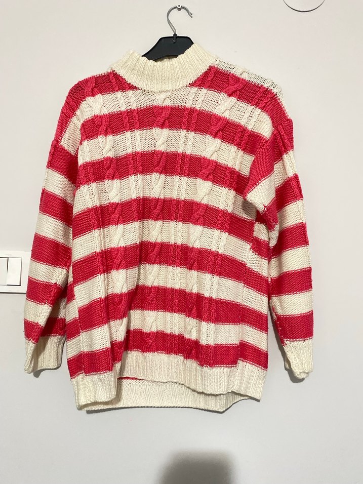 Pembe Beyaz Çizgili Örgü Kadın Kazak - Görsel 2