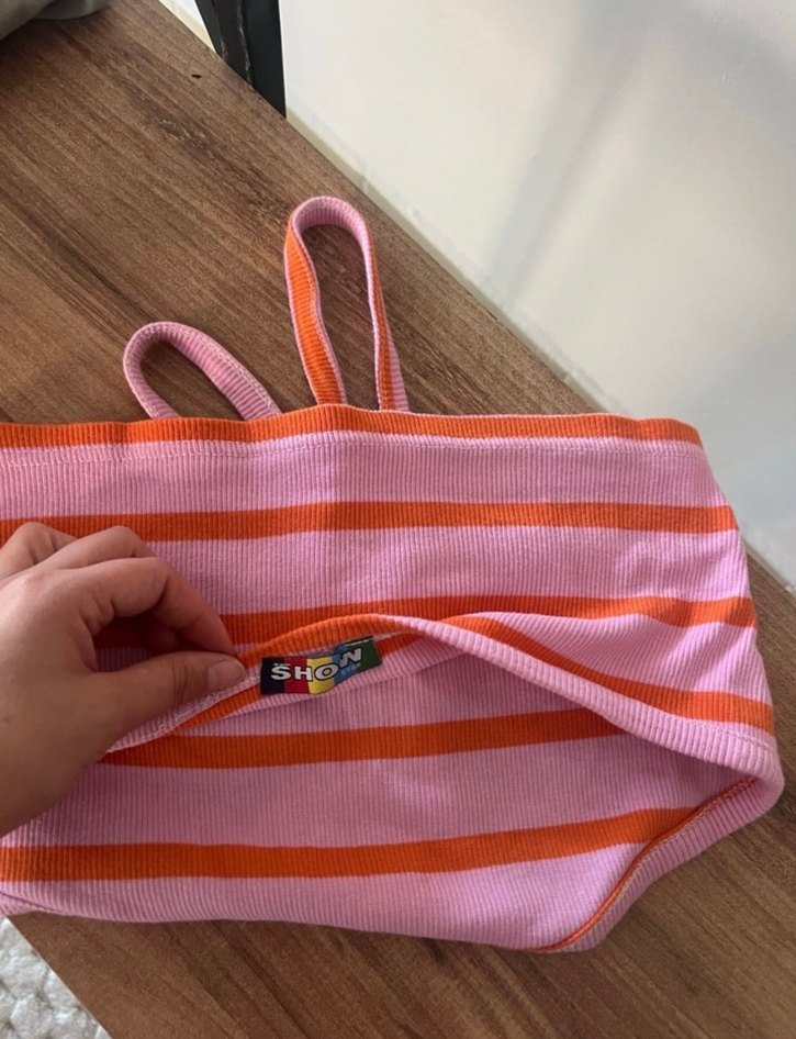 Pembe Turuncu Çizgili İnce Askılı Crop Top - Görsel 2