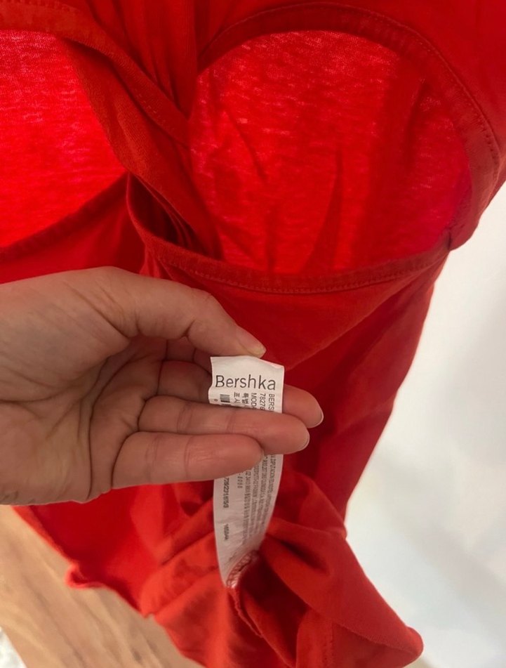 Kırmızı Kadın Mini Keten Elbise - Görsel 3