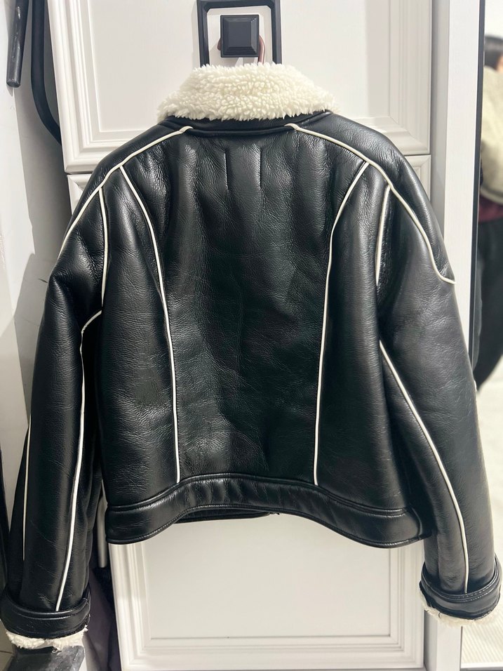 Bherska Kürk Detaylı Siyah Deri Biker Ceket - Görsel 2