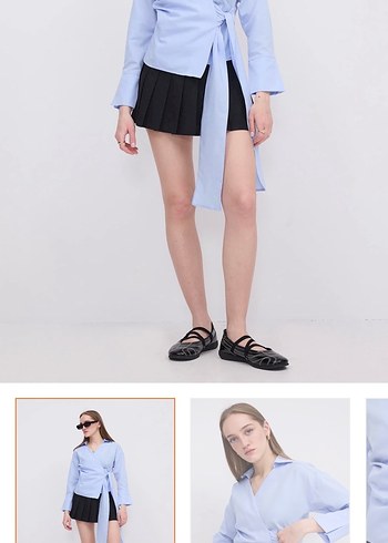 Mavi V-Yaka Kadın Mini Gömlek - Görsel 5