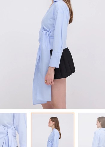 Mavi V-Yaka Kadın Mini Gömlek - Görsel 3