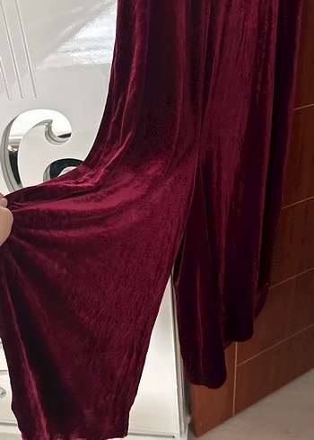 Bordo Uzun Kadın Elbise, Kolsuz, Yüksek Yaka kadife  tulum - Görsel 2