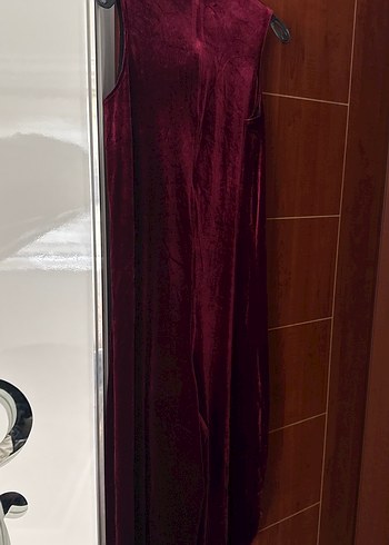 Bordo Uzun Kadın Elbise, Kolsuz, Yüksek Yaka kadife  tulum - Görsel 3