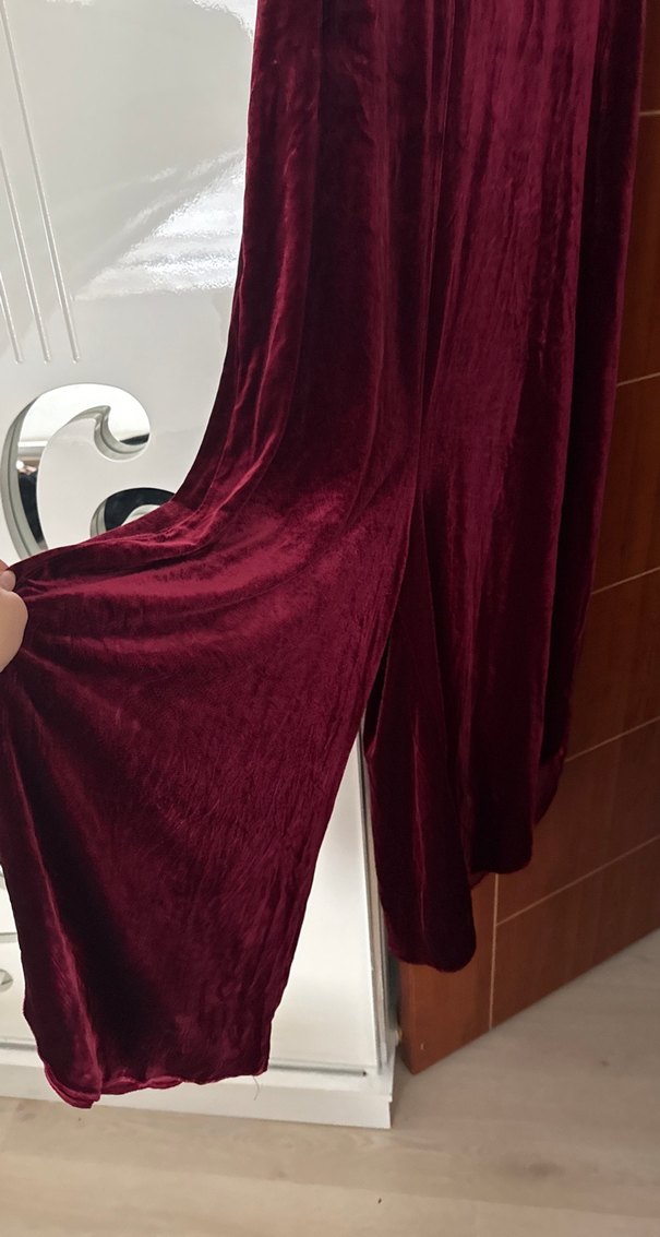 Bordo Uzun Kadın Elbise, Kolsuz, Yüksek Yaka kadife  tulum - Görsel 2