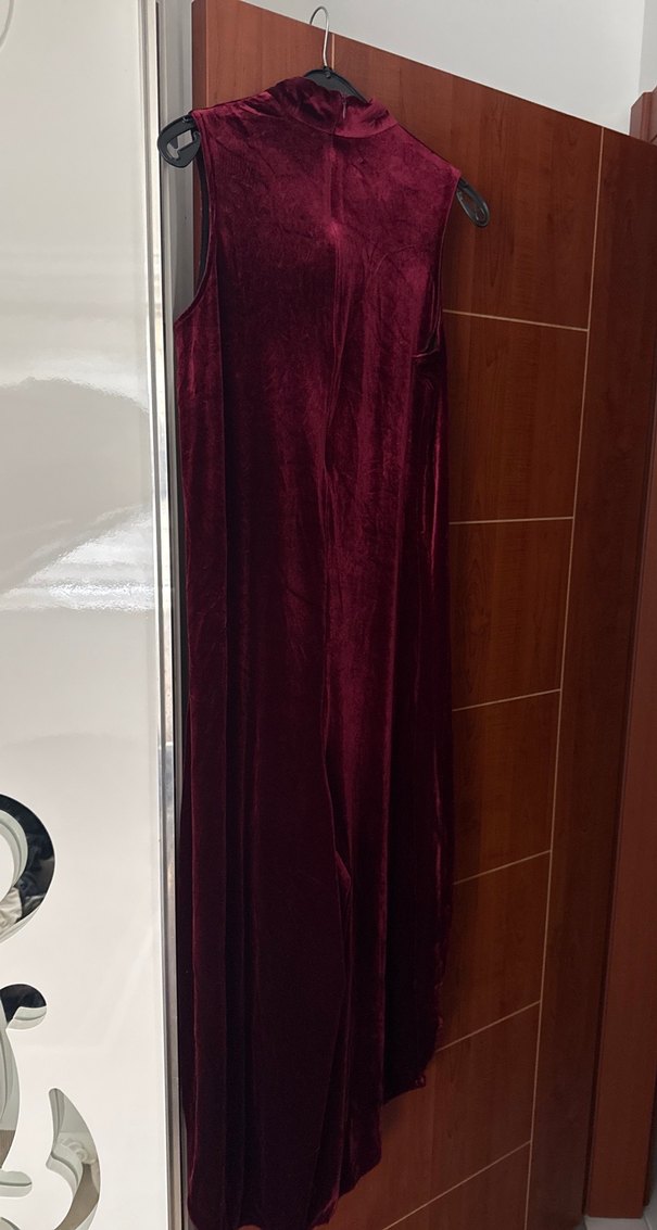Bordo Uzun Kadın Elbise, Kolsuz, Yüksek Yaka kadife  tulum - Görsel 3