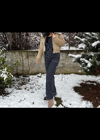 Gri Kadın Denim Tulum, Uzun Kollu, Kemerli - Görsel 2