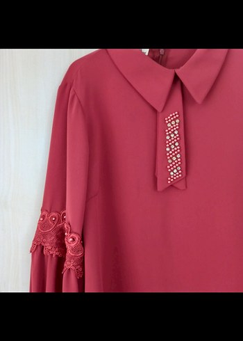 Kiremit Rengi Düğmeli Uzun Kollu Mini Gömlek - Görsel 2