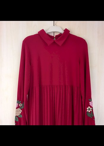 Vişne Çürüğü Uzun Kollu Piliseli Kadın Elbise - Görsel 2