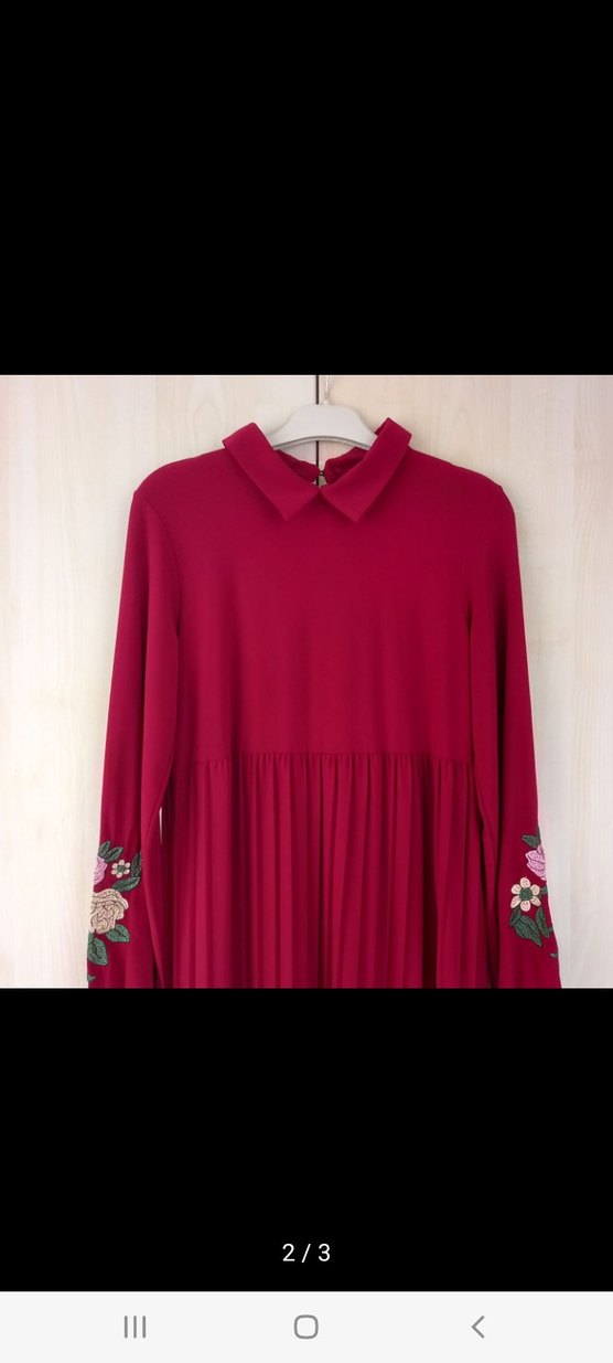 Vişne Çürüğü Uzun Kollu Piliseli Kadın Elbise - Görsel 2