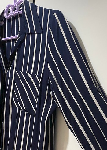 Lacivert Çizgili Uzun Kadın Gömlek - Görsel 4