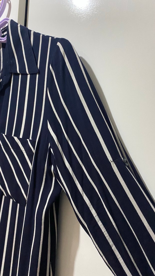 Lacivert Çizgili Uzun Kadın Gömlek - Görsel 3