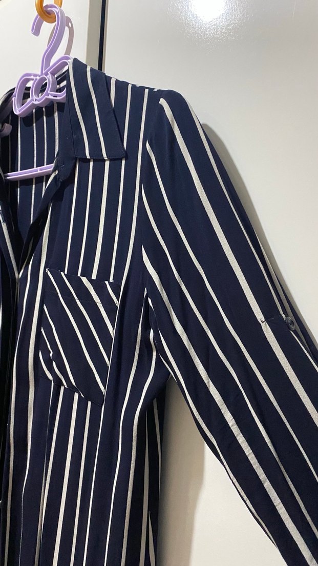 Lacivert Çizgili Uzun Kadın Gömlek - Görsel 4