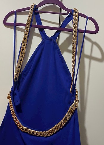 Zincir Detaylı Parlak Mavi Uzun Elbise - Görsel 7