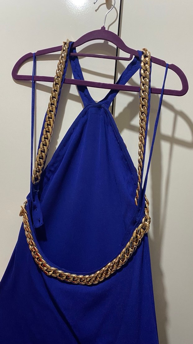 Zincir Detaylı Parlak Mavi Uzun Elbise - Görsel 5