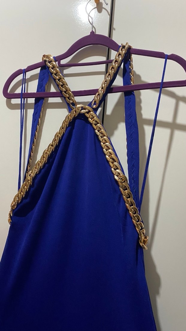 Zincir Detaylı Parlak Mavi Uzun Elbise - Görsel 2