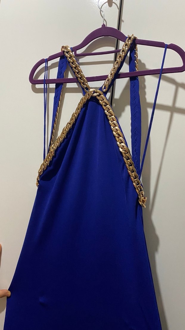 Zincir Detaylı Parlak Mavi Uzun Elbise - Görsel 3