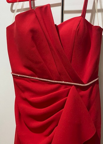 Kırmızı Drapeli Uzun Abiye Elbise - Görsel 3