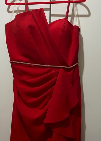 Kırmızı Drapeli Uzun Abiye Elbise - Görsel 2